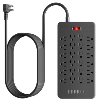 24 Outlets Surge Protector Power Strip - 10 Feet Flat Plug Extension Cord with 24 Widely Outlets and 4 USB Ports, 2 USB C Ports,Portable Outlet Extender, Wall Mountable for Home Office Dorm Room,Black