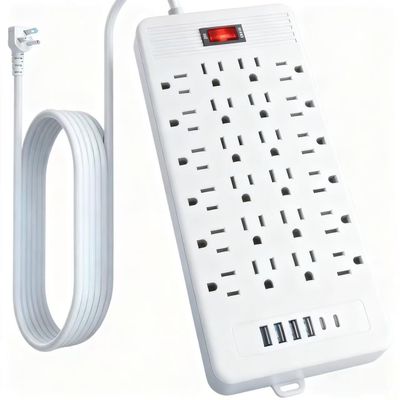 30-in-1 Power Strip with Overload Protection, 24 AC Outlets, 4 USB Ports, 2 Type-C Ports - Wall-Mountable, 5ft/10ft Extension Cord, Flat Plug, Ideal for Office, Home, Factory, School (White, 10FT)