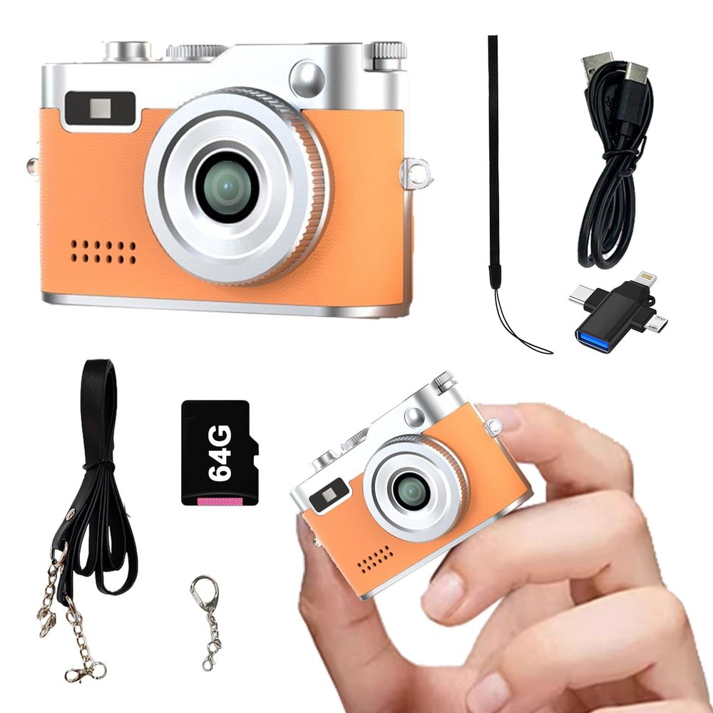 Keychain Retro CameraMini Micro Digital Tiny Digital Photo Camera1080P FHD Tiny Portable Small Cameras Pocket Video Recorderfor Travel Study Recording (Brown-64G)