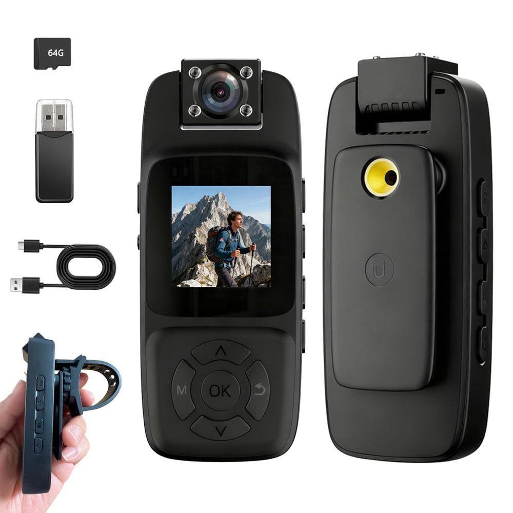 Fonykadpt 4K Body Camera with 180-Degree Rotating Lens, 64GB Storage, Night Vision, Portable Wearable Recorder for Police, Work, Outdoors, Meetings