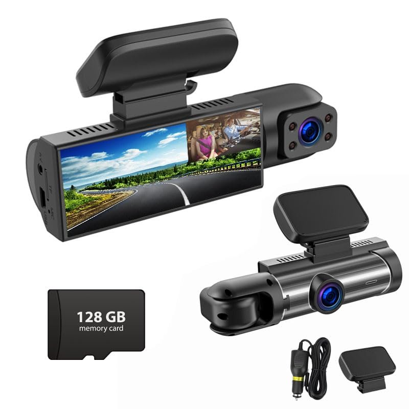 128GB Dash Cam Front and Rear for Cars, 1080P Dual Lens Car Camera with IR Night Vision, 3.16" IPS Screen, 24H Parking Monitor, Loop Recording, Audio, Wide Angle