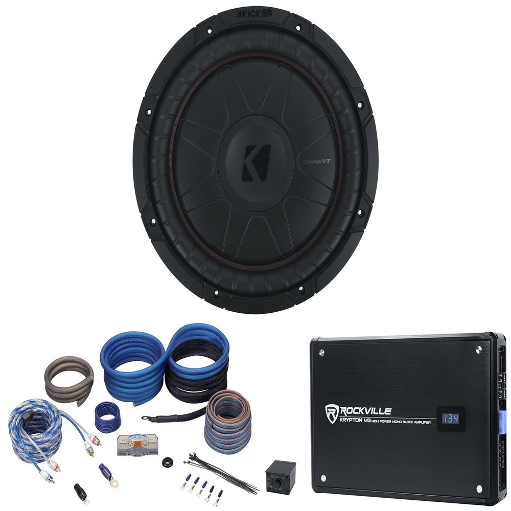 2 Kicker 52CVT122 CVT12 COMPVT 12" 900w Subwoofers+Mono Amplifier+Amp Kit CVT122