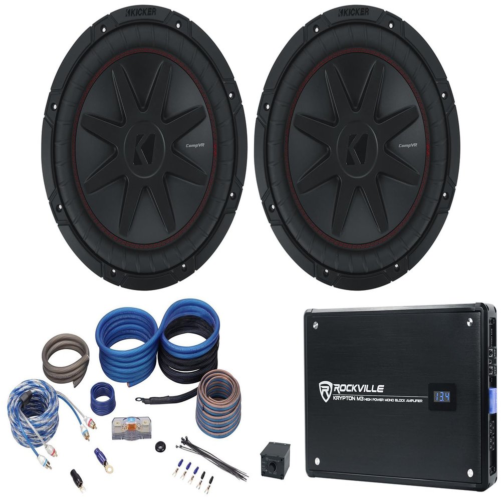 (2) Kicker 52CVR124 CVR12 COMPVR 12" 900w Subwoofers+Mono Amplifier+Wires CVR124