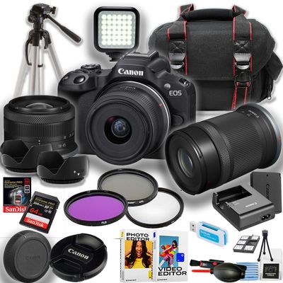 Canon EOS R50 Mirrorless Camera w/18-45mm and 55-210mm Lens + 64GB Extreme Pro Memory Card + Tripod + Camera Case + More(18pc Bundle) (Renewed)