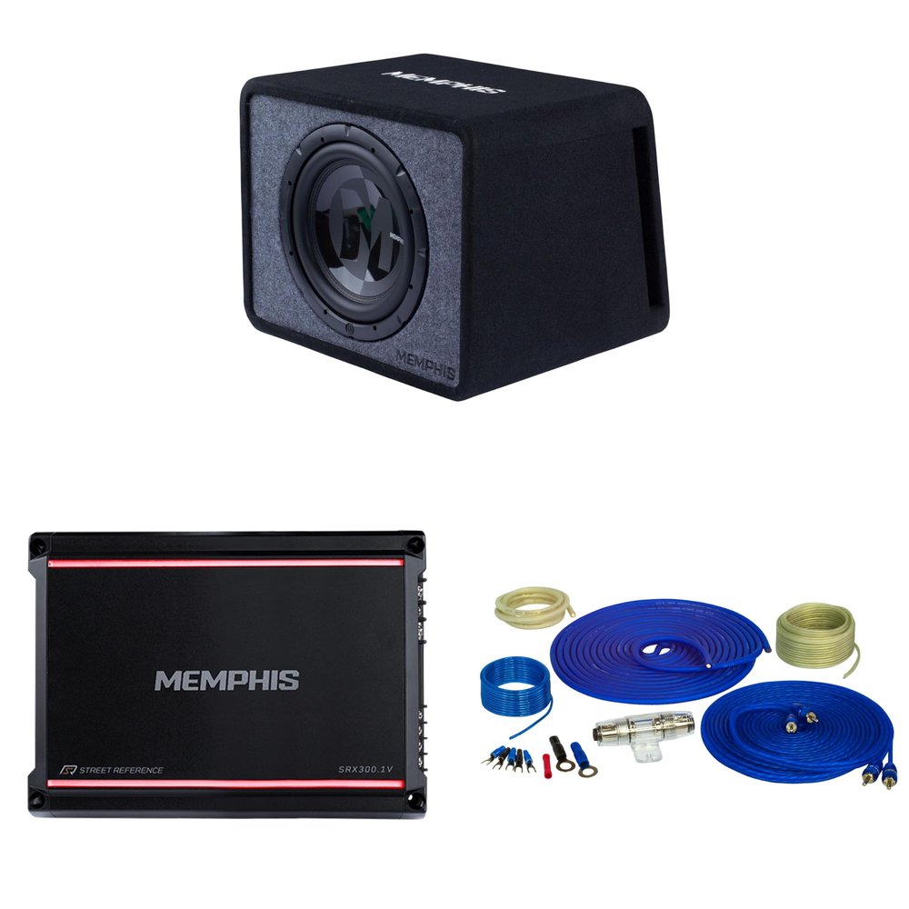 Memphis PRXE12S2 Single 12 Power Reference Series Loaded Enclosure with SRX300.1V Street Reference Series Mono Subwoofer Amplifier and Amp Wiring Kit