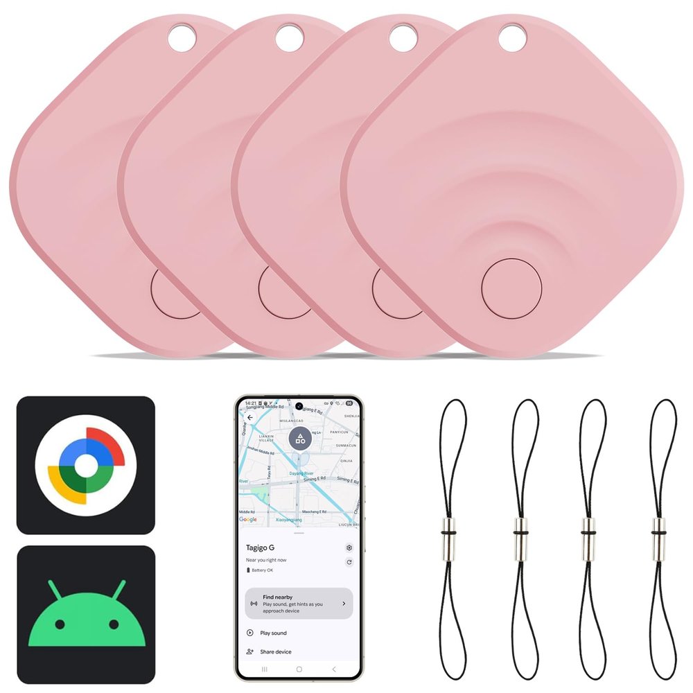 2025 Upgraded Android Air Tracker 4 Pack, Bluetooth Tracker for Android Phones, Compatible with Google Find Hub Device, Item Locator for Keys, Luggage, Backpack, Travel, Pink