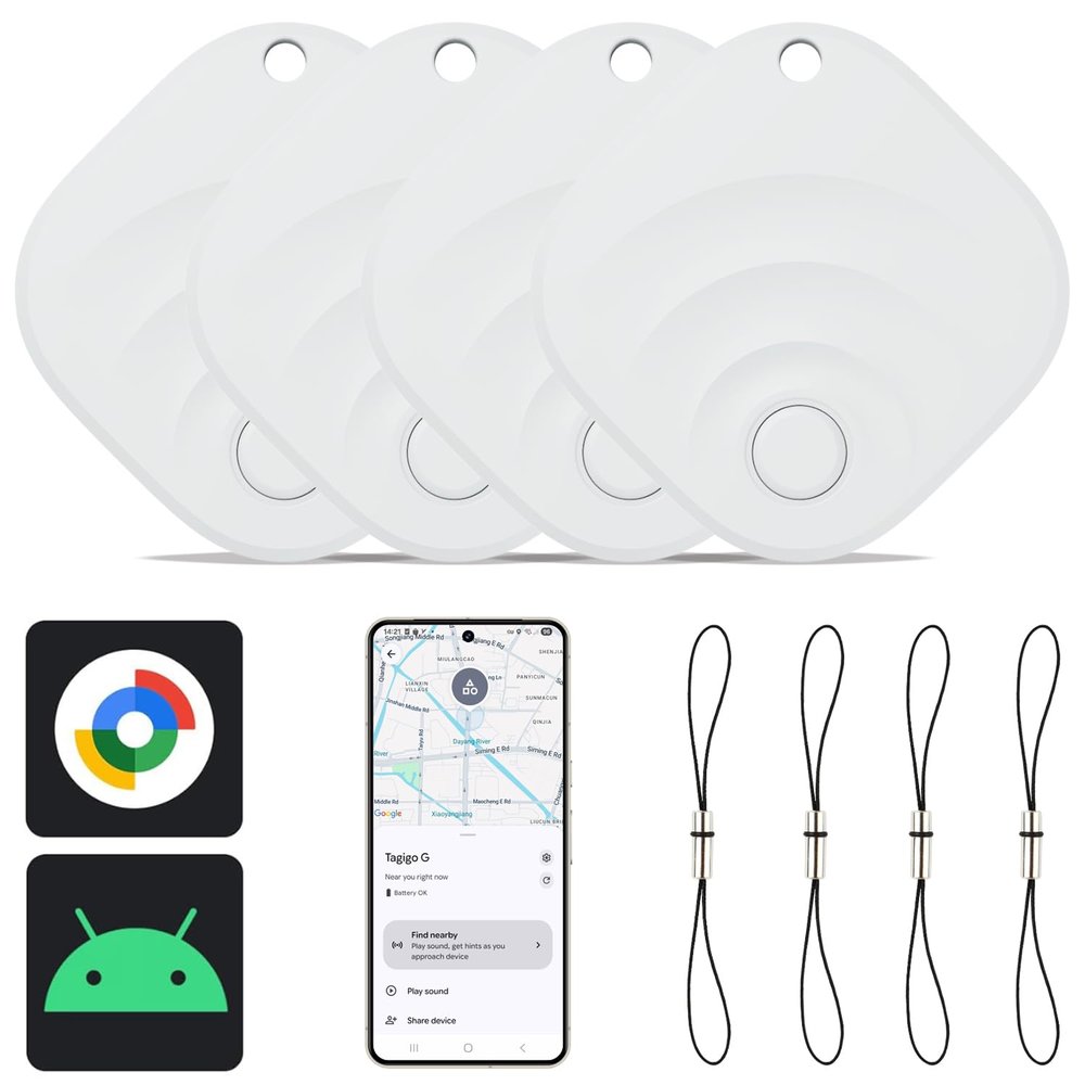2025 Upgraded Android Air Tracker 4 Pack, Bluetooth Tracker for Android Phones, Compatible with Google Find Hub Device, Item Locator for Keys, Luggage, Backpack, Travel, White