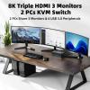 8K KVM Switch 3 Monitors 2 Computers 3 Port HDMI Dual PC Triple Monitor 2 PC 8K@60Hz/4K@120Hz 2 in 3 Out USB 3.0 KVM Switches, Wired Remote & USB 3.0 Cables & Power Cable Included view 2