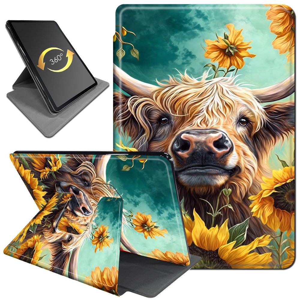 360Rotating Stand Case for 7" Kindle Paperwhite (12th Generation, 2024) & Kindle Colorsoft Signature Edition, Durable PU Leather Cover with Auto Wake/Sleep for Men, Women, Sunflower Cow