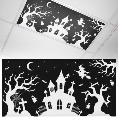 1 PCS Fluorescent Light Covers - Halloween Black White Castle Magnetic Light Filters for Ceiling Light,Witch Ghost Moon Tree Light Shade Panel for Office Classroom Home Decor,4 x 2 Feet