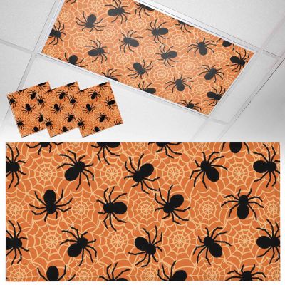 3 PCS Fluorescent Light Covers - Scary Halloween Spiders Spiderweb Magnetic Light Filters for Ceiling Light,Orange Black Light Shade Panel for Office Classroom Home Decor,4 x 2 Feet