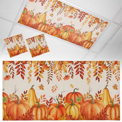 2 PCS Fluorescent Light Covers - Farm Autumn Pumpkin Maple Leaf Magnetic Light Filters for Ceiling Light,Thanksgiving Plant on Burlap Light Shade Panel for Office Classroom Home Decor,4 x 2 Feet