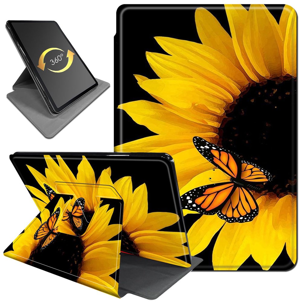 360Rotating Stand Case for 7" Kindle Paperwhite (12th Generation, 2024) & Kindle Colorsoft Signature Edition, Durable PU Leather Cover with Auto Wake/Sleep for Men, Women, Butterfly Sunflower