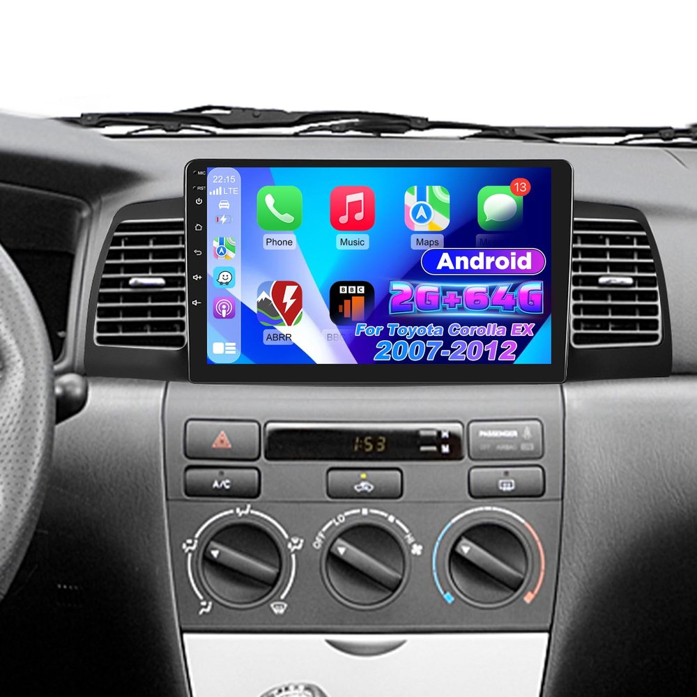 4 Core 64G Volxcereo Car Radio for Toyota Corolla EX 2007 2008 2009 2010 2011 2012, 9 inch Android Touch Screen Stereo with Carplay/Android Auto, GPS, WiFi, Bluetooth, Backup Camera + MIC