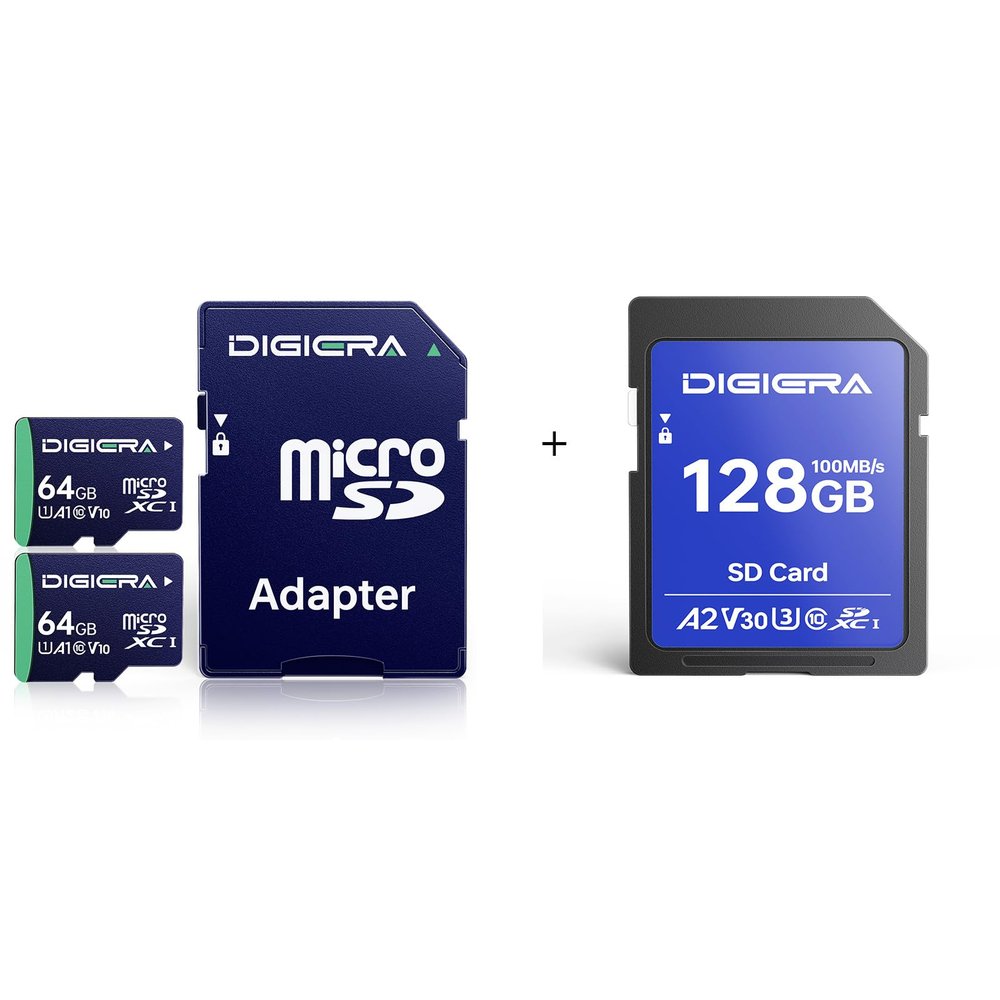 DIGIERA Memory Card Bundle  2-Pack 64GB CT100 microSD Cards with Adapter + 128GB CS100 SD Card  UHS-I, 100MB/s, A1/U1/V10 & U3/V30  for Phones, Cameras, Drones, and PCs
