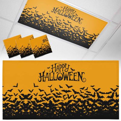3 PCS Fluorescent Light Covers - Happy Halloween Seamless Bat Magnetic Light Filters for Ceiling Light,Black Orange Pumpkin Light Shade Panel for Office Classroom Home Decor,4 x 2 Feet