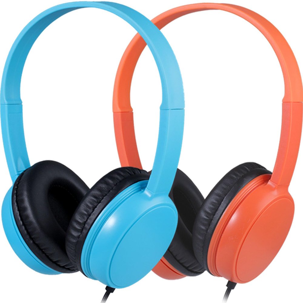 Waneni Wired Headphones Bulk 2 Pack for Classroom School, 3.5mm Pulg, Lightweight, Sturdy Headsets for Kids Students and Adults (Orange & Light Blue)