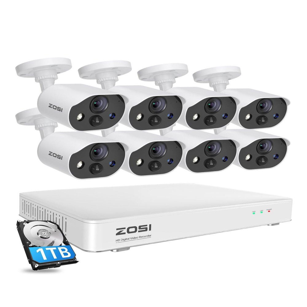 ZOSI 3K Lite Security Camera System with AI Human Vehicle Detection, 8Pcs 1920TVL 2MP Home CCTV Cameras Indoor Outdoor, Night Vision, One-Way Audio, H.265+ 8CH DVR with 1TB HDD for 24/7 Recording