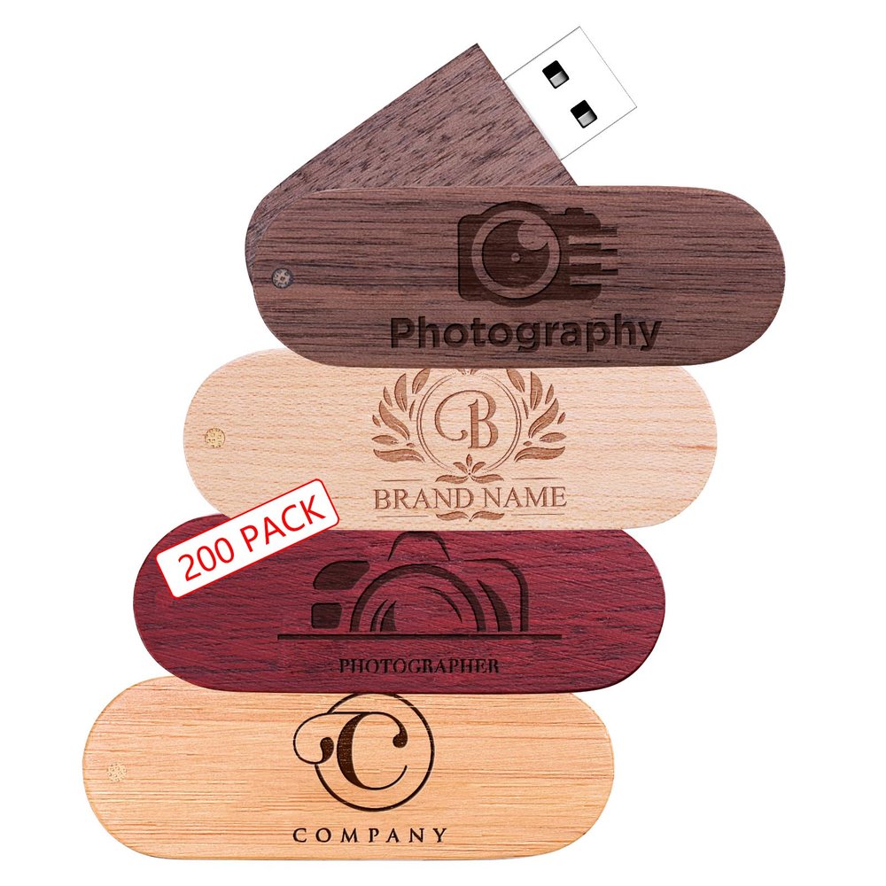32GB 200Pcs Personalized Custom Wood USB 3.0 Flash Drive, Bulk Customized Swivel Thumb Drive, Engraved Wooden Memory Stick, Engraved/Printed Your Logo & Text for School/Office/Company/Photography