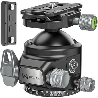 Tripod Ball Head with Knob Clamp 55mm Heavy Duty Ball Head with Mlok Rail Arca Swiss Quick Release Plate, WEYLLAN KH55 Low Profile Camera Tripod Head Mount for Hunting Photography Max Load 88lbs/40kg