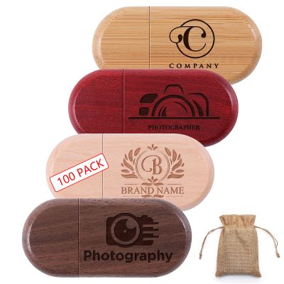 16GB 100Pcs Personalized Custom Wood USB 3.0 Flash Drive, Bulk Customize Oval Thumb Drives with Exquisite Linen Bag for Company/School/Photography