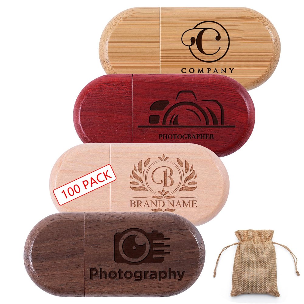 16GB 100Pcs Personalized Custom Wood USB 3.0 Flash Drive, Bulk Customize Oval Thumb Drives with Exquisite Linen Bag for Company/School/Photography