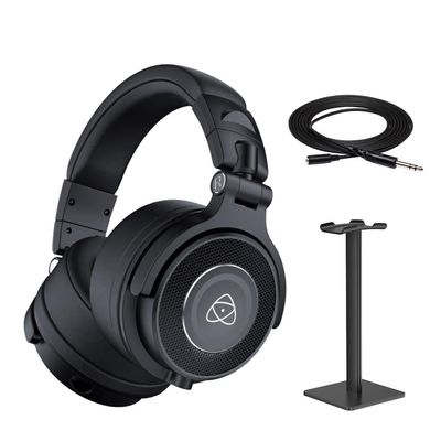 Atomos StudioSonic Professional Over-Ear Headphones (Black) | Passive Noise Isolation with MHE-325 3.5mm TRS to 1/4" TRS Headphone Adaptor Cable, 25 FT and Headphone Stand (Black) Essential Bundle Set