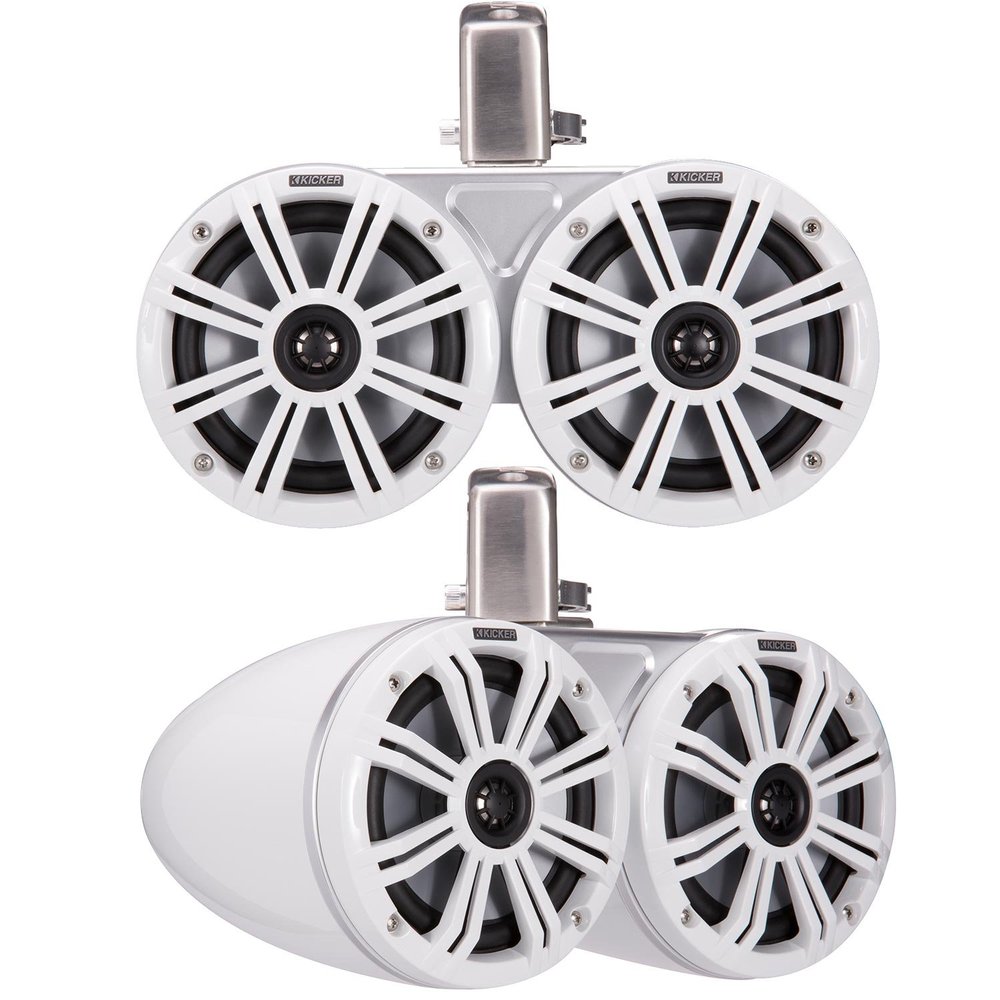 Kicker 45KMTDC65 Marine Tower Speakers with Swivel Clamps & 45KM654L Speakers White Grills with White Enclosures (Renewed)