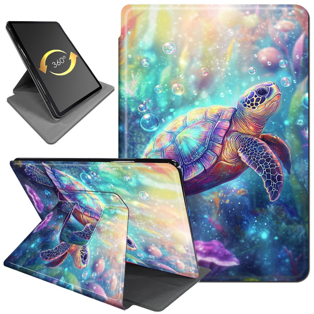 360 Rotating Stand Case for 6" Kindle (11th Generation-2024/2022 Release), PU Leather Folio Cover with Auto Wake/Sleep, Durable Shockproof Protective Case for Men, Women, Colorful Turtle