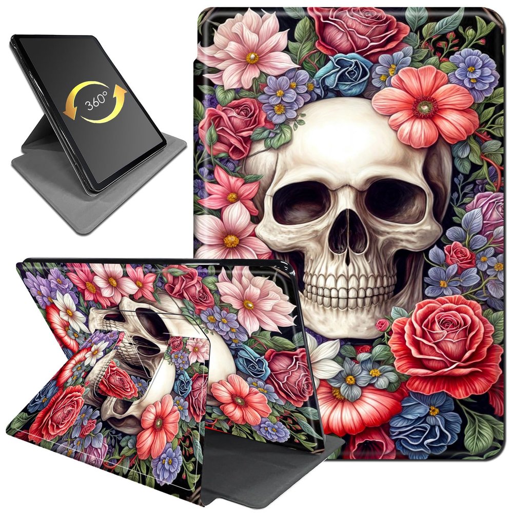 360 Rotating Stand Case for 6" Kindle (11th Generation-2024/2022 Release), PU Leather Folio Cover with Auto Wake/Sleep, Durable Shockproof Protective Case for Men, Women, Red Rose Skull