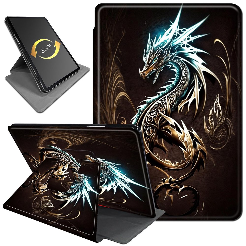 360 Rotating Stand Case for 6" Kindle (11th Generation-2024/2022 Release), PU Leather Folio Cover with Auto Wake/Sleep, Durable Shockproof Protective Case for Men, Women, Golden Glitter Dragon