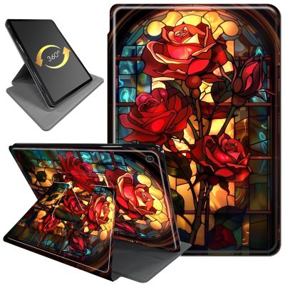 360Rotating Case for Fire HD 8 (6th/7th/8th Gen, 2016/2017/2018 Release), PU Leather Folio with Auto Wake/Sleep,Durable Shockproof Protective Cover for Fire HD 8-Inch Tablet,Glass Red Rose