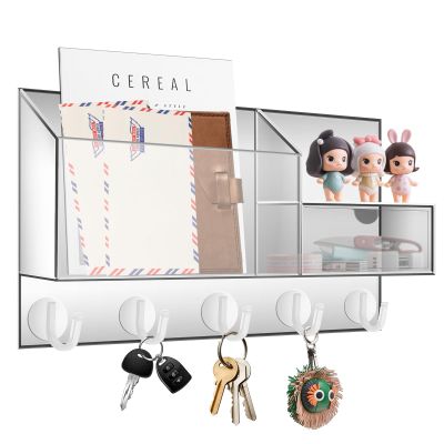 HappyDino Acrylic Key Holder Wall Mount Mail Organizer for Wall with Shelf Storage Drawer and 5 Hooks, Clear