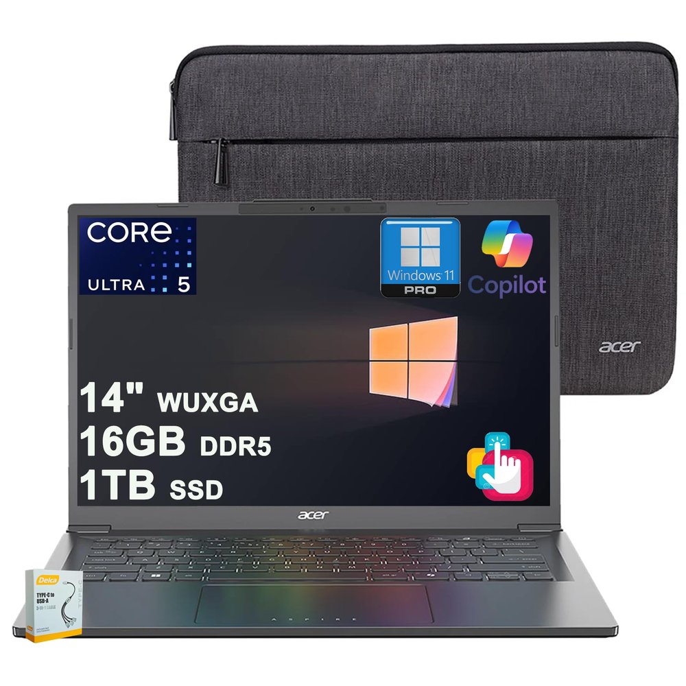 acer Aspire 14 AI Portable Laptop | 14" WUXGA Matte Touch | Intel 8-core Ultra 5 226V (Up to 40 NPU Tops - Up to 53 GPU Tops) | 16GB DDR5 1TB SSD | Backlit Wi-Fi 6E Win11Pro w/DLCA Accessory