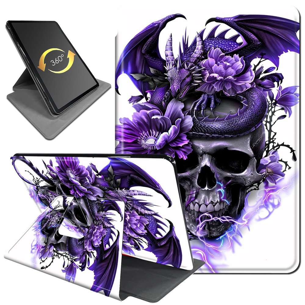 360 Rotating Stand Case for 6" Kindle (11th Generation-2024/2022 Release), PU Leather Folio Cover with Auto Wake/Sleep, Durable Shockproof Protective Case for Men, Women, Rose Dragon Skull