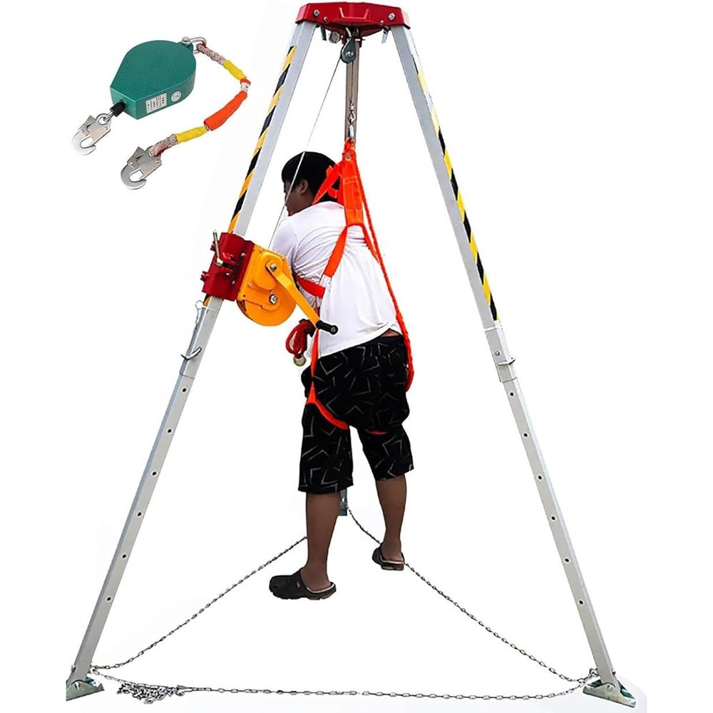 Heavy Duty Emergency Rescue Tripod Kit - Adjustable Confined Space Tripod with Fall Arrest System, 1800lbs Capacity for Deep Wells & Mine Shafts, Portable Safety Stand