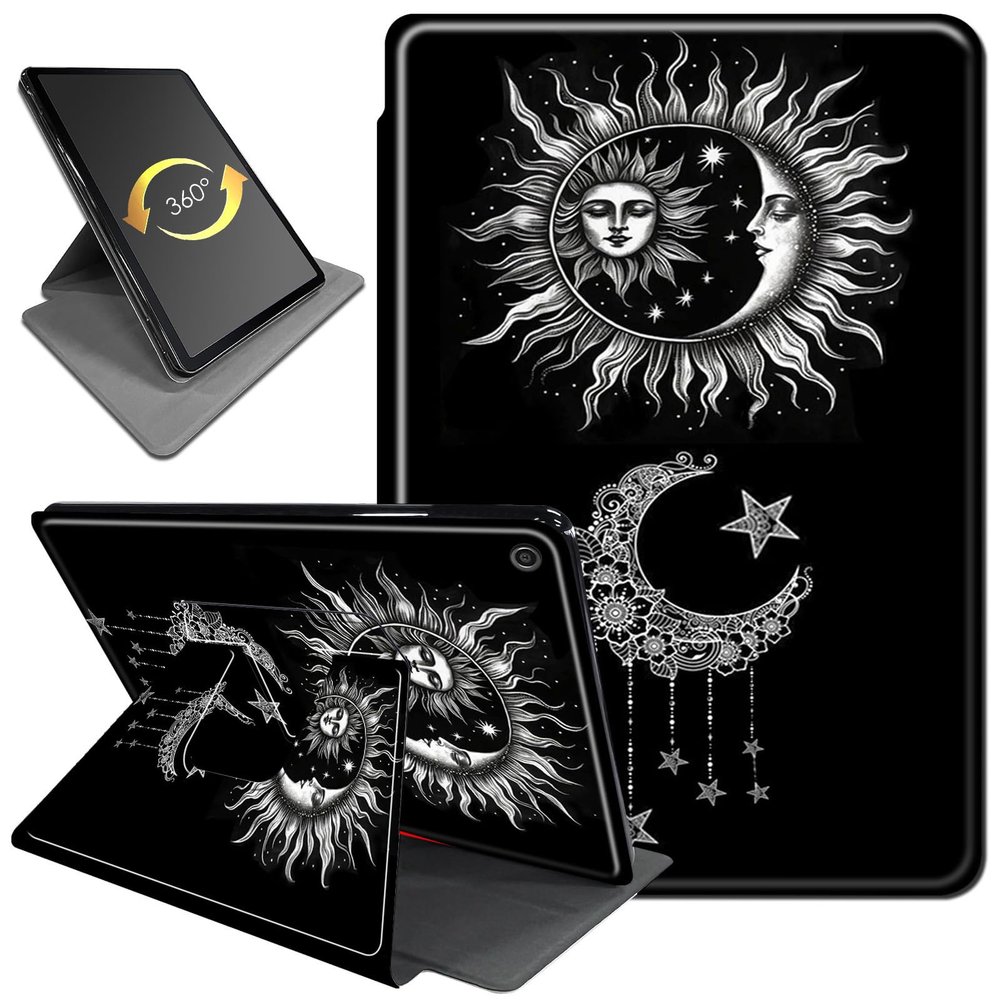 360Rotating Case for Amazon Fire Max 11 Tablet (2023 Release, 11"), PU Leather Folio Stand Cover with Auto Wake/Sleep, Durable Shockproof Protective Case for Fire Max 11 2023,Black Sun and Moon