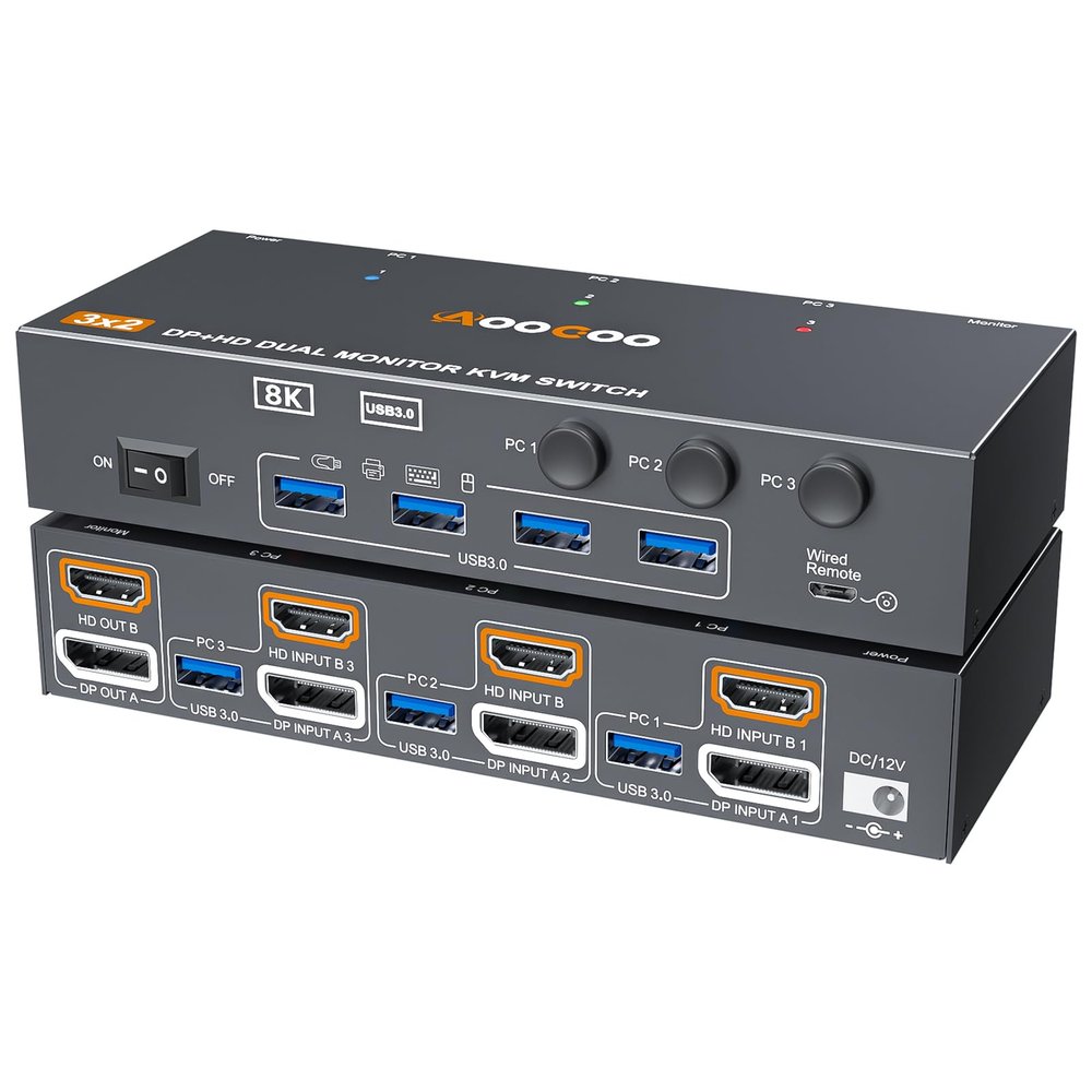 KVM Switch 2 Monitors 3 Computers 8K@60Hz/4K144Hz,DP+HDMI USB3.0 Dual Monitors KVM Switches with 4 USB 3.0 Port,Wired Remote,USB3.0 Cables Included(8K 3 PC 2 Monitor KVM)