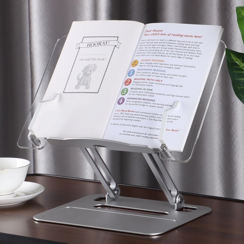 Adjustable Acrylic Book and Laptop Stand, Rotating Holder for Cookbooks & Textbooks, Foldable Aluminum Stand for Office and Kitchen Use