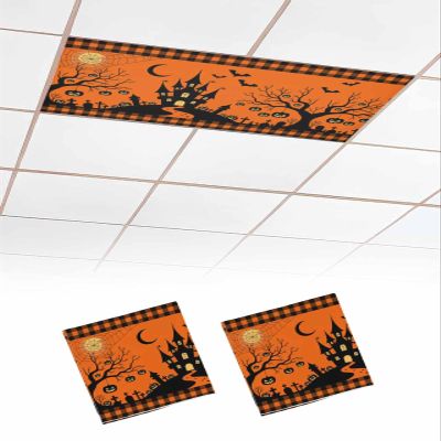 2 Pack Fluorescent Light Cover for Classroom Ceiling, Halloween Orange Grimace Pumpkin Magnetic Light Cover Filters, Cobwebs Bat Tombstone Castle Lights Covers for Office Drop Lamp Ceiling 4x2 ft