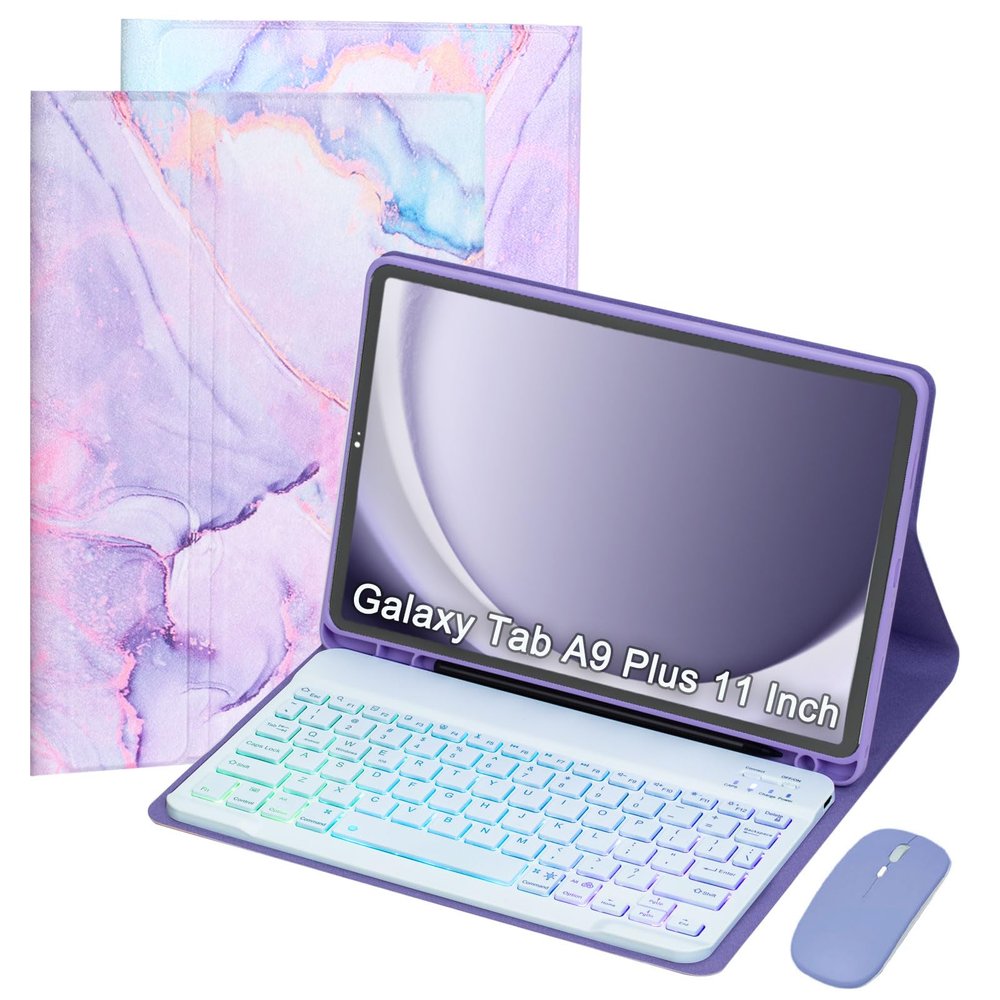 VLEAQC Keyboard Case for Samsung Galaxy Tab A9+/A9 Plus 11 Inch 2023 (SM-X210/X216/X218), Detachable Color Backlit Bluetooth Keyboard and Mouse, Lightweight Stand Cover with Pen Holder (Purple Marble)