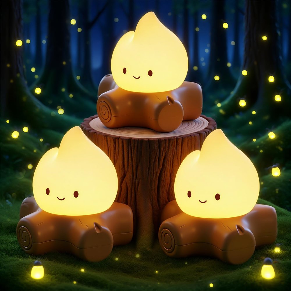 BANDIANCY 3pcs Campfire Night Light for Kids, Cute Campfire Lamp Gifts, LED Light up Flame Lights, Dimmable, Rechargeable Bedside Nightlight, Baby Nursery Dorm Kawaii Dcor Toys Kits