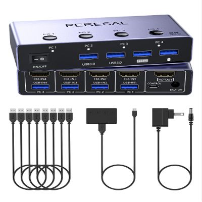 8K@60Hz HDMI KVM Switch 4 Computers Share One Monitor with 4 USB 3.0 Ports Aluminum KVM Switches, Share Keyboard Mouse Hard Drives Printer with 4 HDMI Cables, 4 USB Cables and Desktop Controller