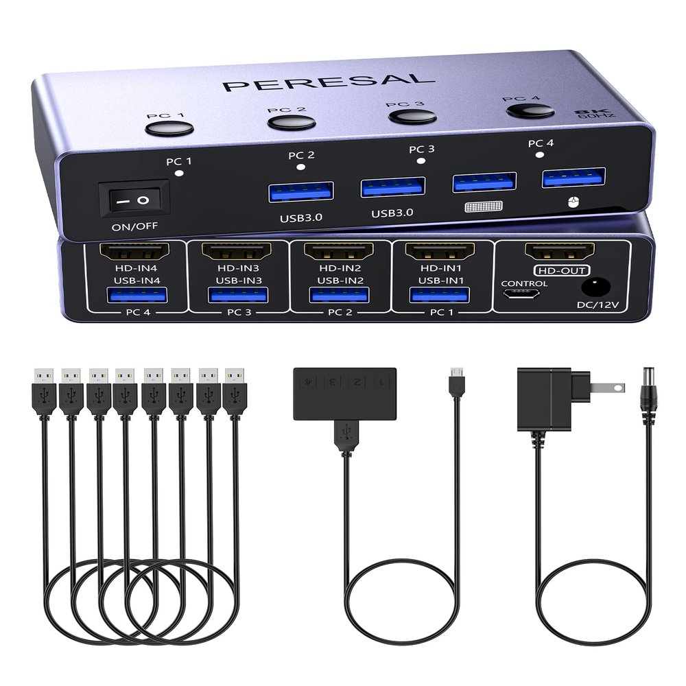 8K@60Hz HDMI KVM Switch 4 Computers Share One Monitor with 4 USB 3.0 Ports Aluminum KVM Switches, Share Keyboard Mouse Hard Drives Printer with 4 HDMI Cables, 4 USB Cables and Desktop Controller