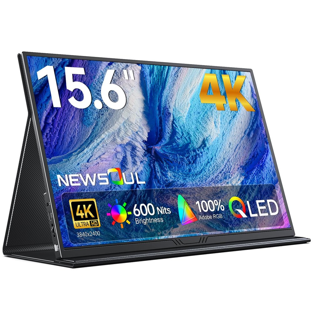 Newsoul True 4K Portable Monitor QLED, 15.6" 600 Nits Laptop Monitor, 100% AdobeRGB, UHD 3840x2400 USB-C & HDMI w/Smart Case, HDR FreeSync Eye Care, Travel Screen for Computer, Mini PC, Game Consoles