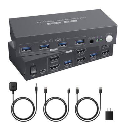 HDMI KVM Switch 2 Monitors 2 Computers 4K@60Hz, Dual Monitor for 2 PC/Laptops, 4 USB 3.0, EDID Adaptive, Desktop Controller (2USB Cables & 1Power Adapter Included)