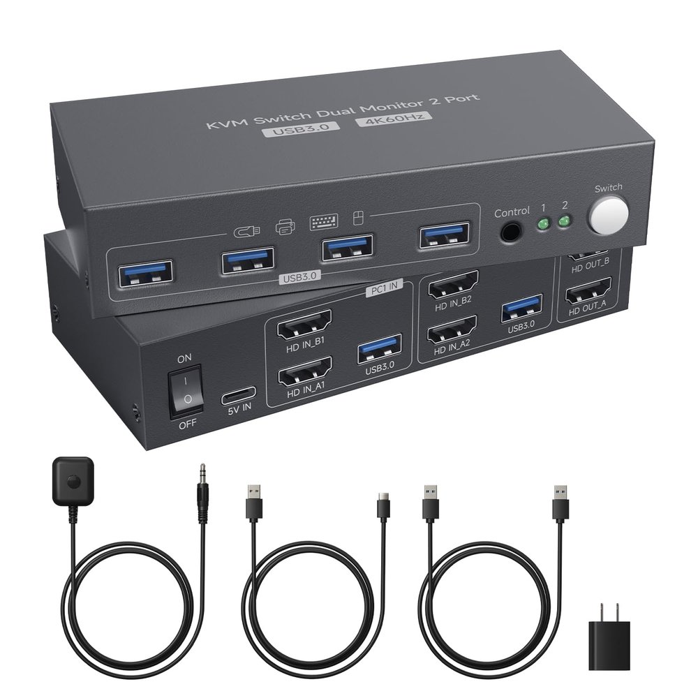 HDMI KVM Switch 2 Monitors 2 Computers 4K@60Hz, Dual Monitor for 2 PC/Laptops, 4 USB 3.0, EDID Adaptive, Desktop Controller (2USB Cables & 1Power Adapter Included)