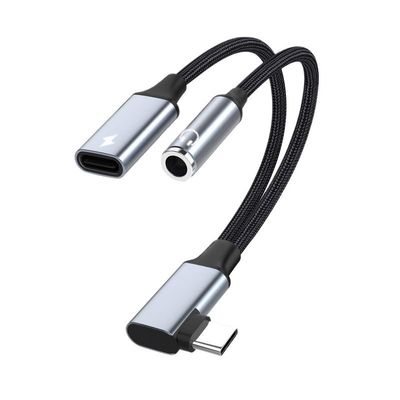 bodateng 2 in 1 90 Degree USB TY>pe C to 3.5MM Headphone Aux 60W OTG Data Microphone Audio Cable(3.5MMAUDIO)