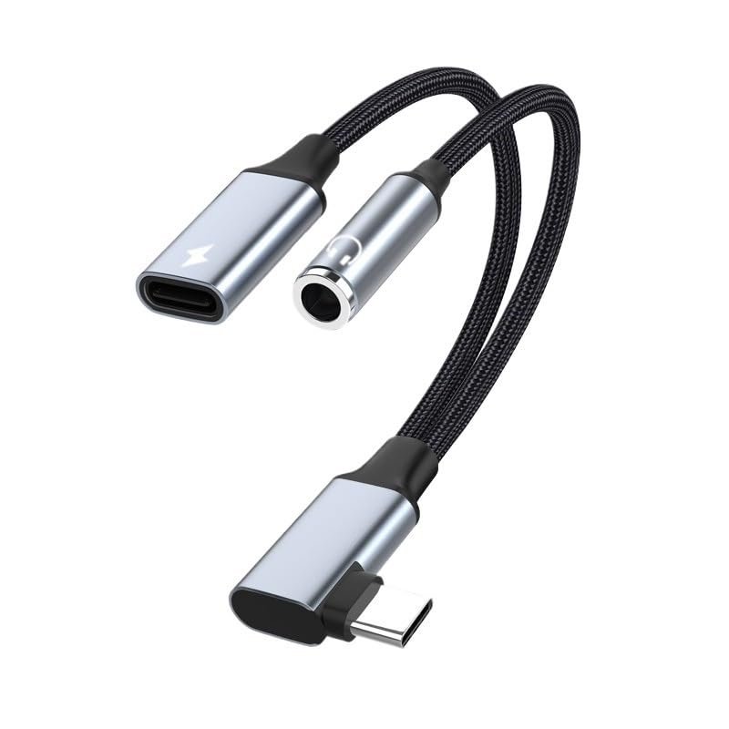 bodateng 2 in 1 90 Degree USB TY>pe C to 3.5MM Headphone Aux 60W OTG Data Microphone Audio Cable(3.5MMAUDIO)