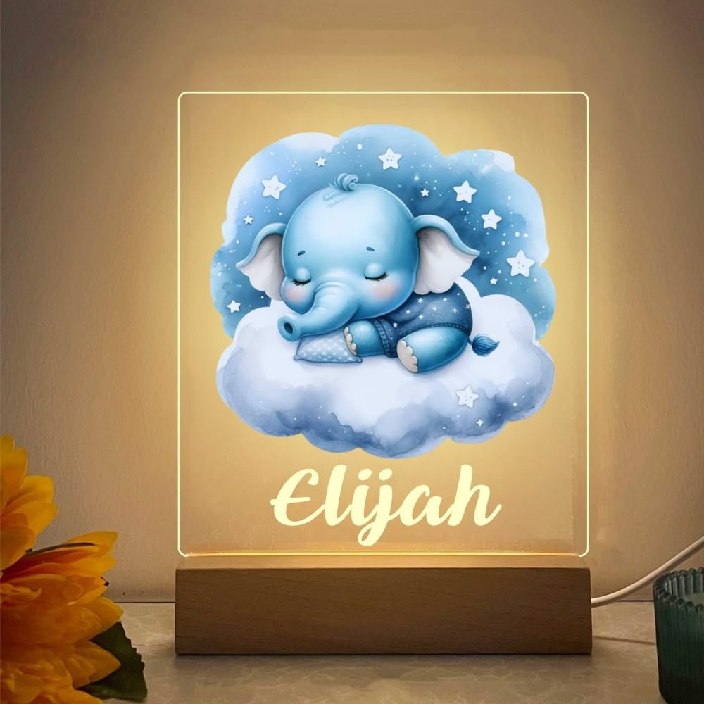 QAGIFTCO Custom Name Baby Night Light, Adorable Animal Pattern LED Nursery Lamp, Thoughtful Personalized Gift for Newborn Boy & Girl, Acrylic Bedside Decor (Elephant)